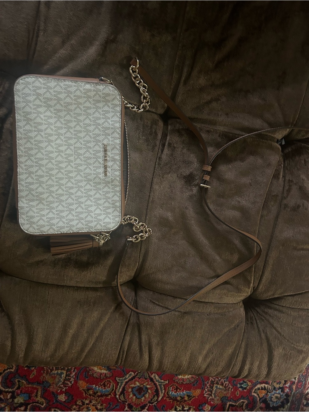 Michael Kors Gray Monogram Crossbody with Brown Trim and Chain Strap